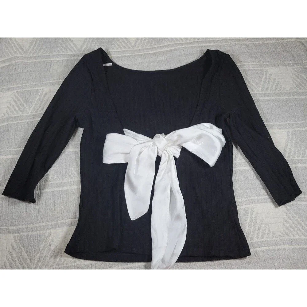 Free People Black Ribbed Knit Top with White Satin Bow — Size L‎